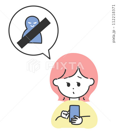 SNSで相手をブロックしている女性のイラスト SNSで相手をブロックしている女性のイラスト 112218371