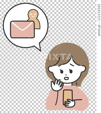 スマートフォンで勧誘メールに困っている女性 スマートフォンで勧誘メールに困っている女性 112218382