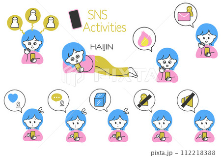 SNS運用の図解制作に便利！SNSに苦戦する女性と吹き出しアイコンのセット 112218388