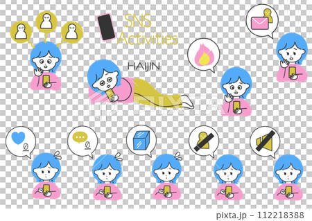 Convenient for creating illustrations of SNS operation! A set of women who struggle with SNS and speech bubble icons Convenient for creating illustrations of SNS operation! A set of women who struggle with SNS and speech bubble icons 112218388