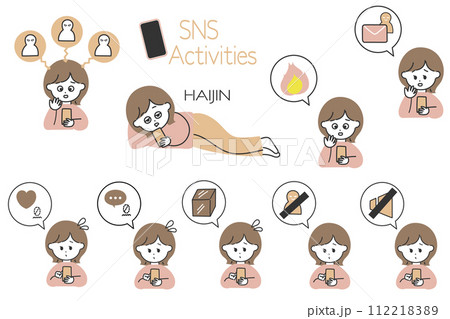 SNS運用の図解制作に便利！SNSに苦戦する女性と吹き出しアイコンのセット 112218389