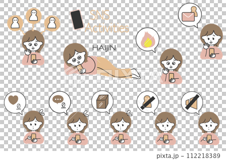 Convenient for creating illustrations of SNS operation! A set of women who struggle with SNS and speech bubble icons 112218389