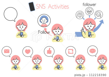 SNS運用の図解制作に便利！SNSを楽しむ女性と吹き出しアイコンのセット 112218390