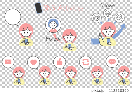 Convenient for creating illustrations of SNS operation! A set of speech bubble icons with women enjoying SNS 112218390