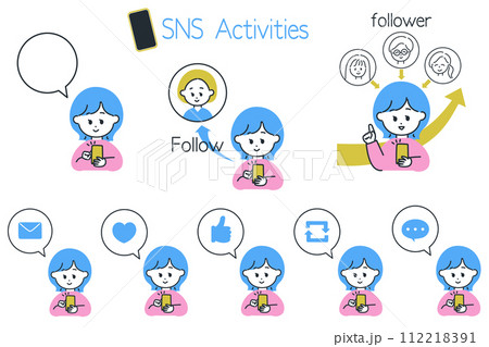 SNS運用の図解制作に便利!SNSを楽しむ女性と吹き出しアイコンのセット SNS運用の図解制作に便利!SNSを楽しむ女性と吹き出しアイコンのセット 112218391