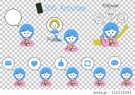 SNS運用の図解制作に便利!SNSを楽しむ女性と吹き出しアイコンのセット SNS運用の図解制作に便利!SNSを楽しむ女性と吹き出しアイコンのセット 112218391