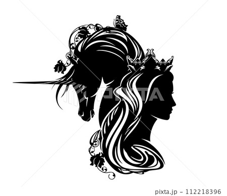 black vector silhouette portrait of fairy tale princess with long mane unicorn horse and rose flowers 112218396