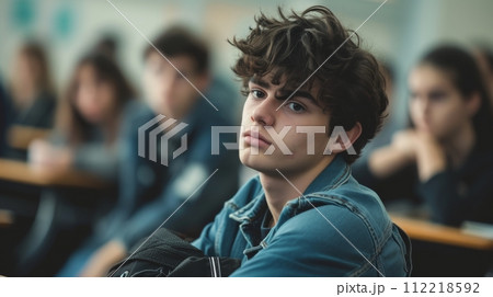 Pensive Student in Classroom Environment Pensive Student in Classroom Environment 112218592
