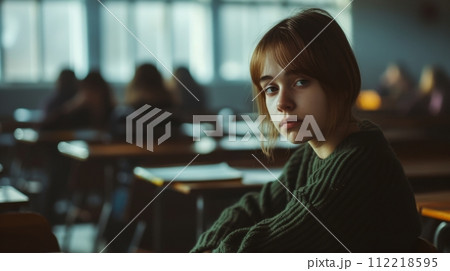 Pensive Student in Classroom Environment Pensive Student in Classroom Environment 112218595