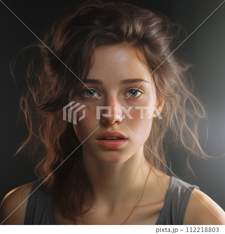 Portrait of a young girl with freckles on her face. Hyper realistic illustration 112218803