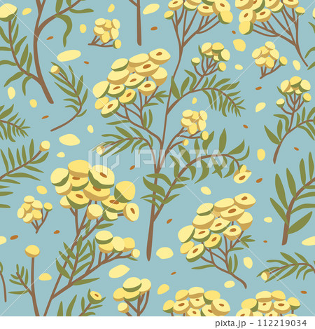 Vector seamless floral pattern with yellow tansy flowers on blue background. 112219034