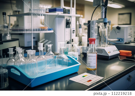 Laboratory glassware on a table in a science laboratory. Scientific equipment. 112219218