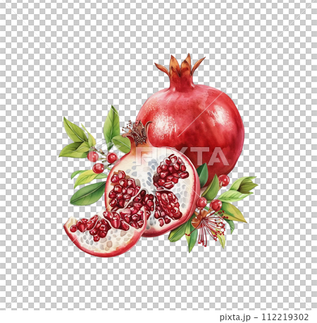 AI-generated content. Watercolor red pomegranate fruit with leaf and seeds isolated. 112219302