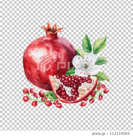 AI-generated content. Watercolor red pomegranate fruit with leaf and seeds isolated. 112219303