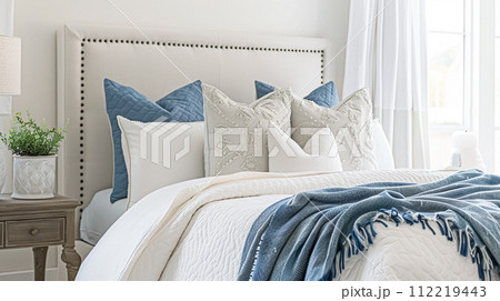 White coastal cottage bedroom decor, interior design and home decor, bed with elegant bedding and bespoke furniture, English country house and holiday rental 112219443