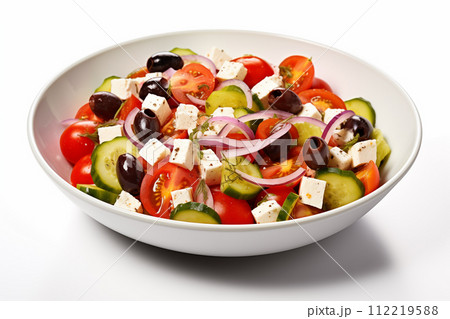 Greek salad with feta cheese, olives, tomato and cucumber isolate on white background 112219588