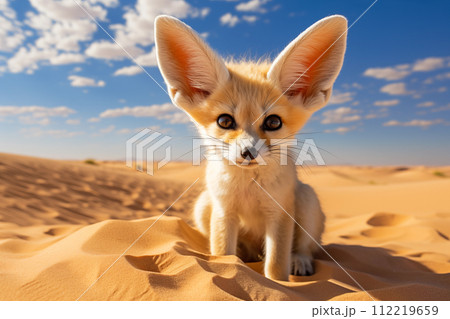 Fennec fox in the dunes against the blue sky. Fennec fox in natural habitat 112219659