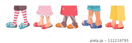 House slippers on human legs. Comfortable home shoes. Soft warm materials. Children feet in knee socks and stockings. Felt and fur footwear. Domestic clothing. Splendid vector set 112219795
