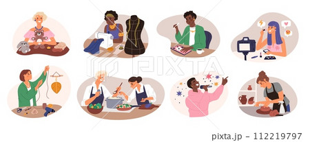 People hobbies. Professional and amateur artisans. Artists at work. Woman singing or sewing toys. Picture drawing. Clothing handiwork. Cosmetic blogger. Happy creators. Garish vector set 112219797