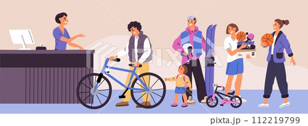 Sport goods store. Customers standing in waiting line at checkout. Shopping day. People with bicycles, skis and balls. Seller at cashier. Visitors buying sportswear. Garish vector concept 112219799
