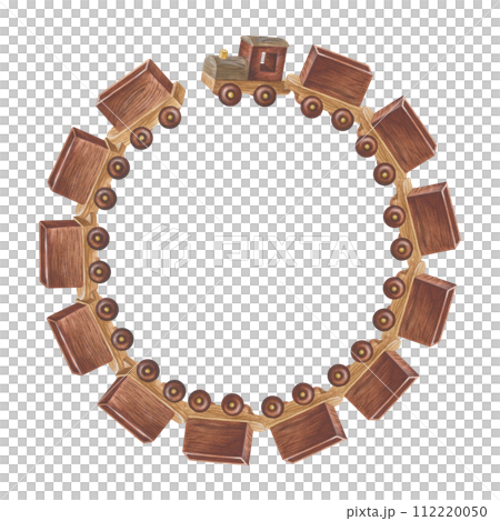 Train round Frame Border. Watercolor illustration of a vintage baby toy. Hand drawn on white isolated background. Painting of wooden locomotive circling. For postcards and stickers, logos and icons 112220050
