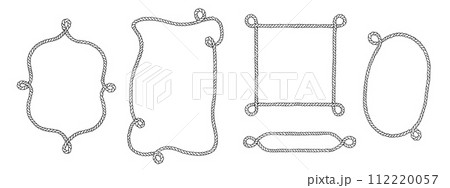 Rope Frame Border vector Set. Vintage line art with changeable background color. Linear drawing of rectangular and oval shaped wreath. Square lasso with corner loops. Black and white outline graphic 112220057
