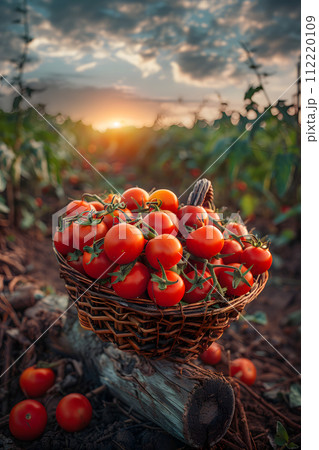 AI-generated content. A basket filled with plum tomatoes is resting on a log in a field under a clear sky. The natural foods look vibrant against the green plants and colorful flowers AI-generated content. A basket filled with plum tomatoes is resting on a log in a field under a clear sky. The natural foods look vibrant against the green plants and colorful flowers 112220109