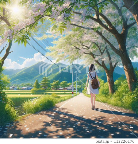 桜の下で景色を眺める女性 112220176