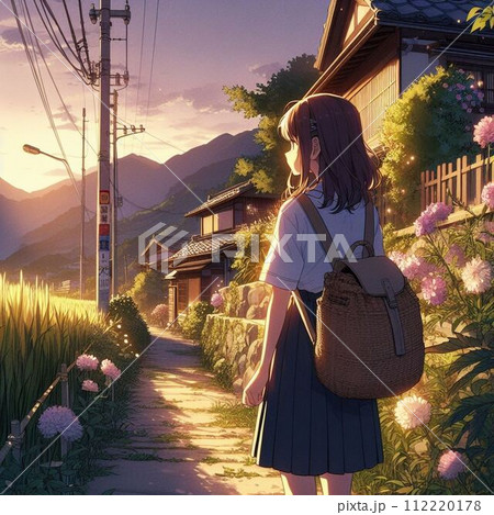 花の咲く道を歩く女性 112220178