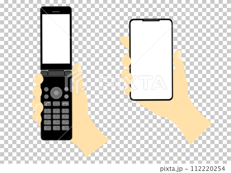 A hand holding a feature phone and a hand holding a smartphone 112220254