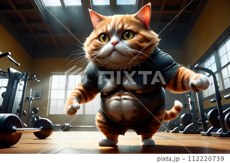 A fat cat in a T-shirt is doing sports in the gym. 112220739
