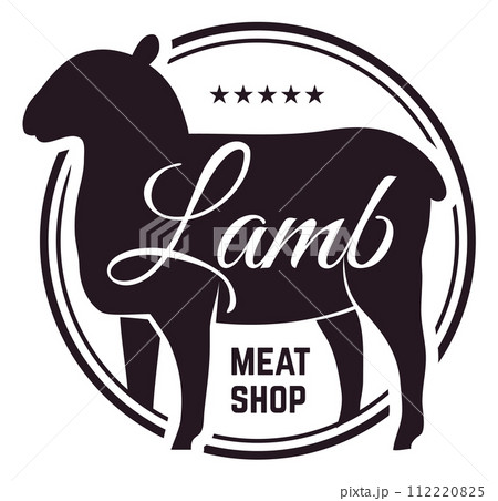 Butcher emblem. Sheep black silhouette. Lamb restaurant logo. Meat shop label. Farm food menu fresh product premium quality logotype. Badge design. Kitchen print. Vector isolated illustration Butcher emblem. Sheep black silhouette. Lamb restaurant logo. Meat shop label. Farm food menu fresh product premium quality logotype. Badge design. Kitchen print. Vector isolated illustration 112220825