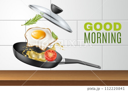 Cooking scrambled eggs. Frying pan with lid. Splashes of oil and tomato, flying morning food. Healthy breakfast. Realistic isolated elements, ingredients on home kitchen vector concept Cooking scrambled eggs. Frying pan with lid. Splashes of oil and tomato, flying morning food. Healthy breakfast. Realistic isolated elements, ingredients on home kitchen vector concept 112220841
