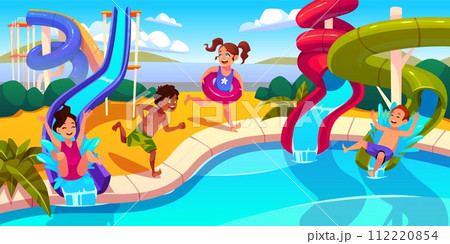 Happy children vacation in aquapark. Water slides with small visitors, active family holidays, extreme attractions, boys and girls in swimsuits swimming cartoon flat isolated tidy vector concept Happy children vacation in aquapark. Water slides with small visitors, active family holidays, extreme attractions, boys and girls in swimsuits swimming cartoon flat isolated tidy vector concept 112220854