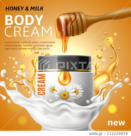 Honey and milk cream. Cosmetic advertising promo poster. White jar with chamomile on label. Lotion and oil liquid splashes, face and body care, realistic promotional banner. Vector concept Honey and milk cream. Cosmetic advertising promo poster. White jar with chamomile on label. Lotion and oil liquid splashes, face and body care, realistic promotional banner. Vector concept 112220859
