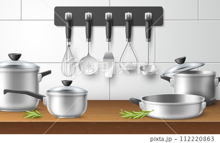 Kitchen utensils. Realistic cookware on wooden table. Steel pots with glass lids and pans, cooking accessories skimmer, whisk and spatula, home kitchenware, isolated elements. Vector concept Kitchen utensils. Realistic cookware on wooden table. Steel pots with glass lids and pans, cooking accessories skimmer, whisk and spatula, home kitchenware, isolated elements. Vector concept 112220863