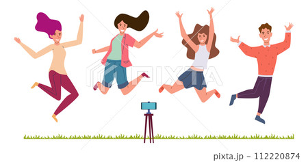 People make selfie. Happy friends jumping. Smiling men and women, smartphone camera, human characters taking pictures outdoors in park, vlog making. Cartoon flat isolated vector illustration 112220874