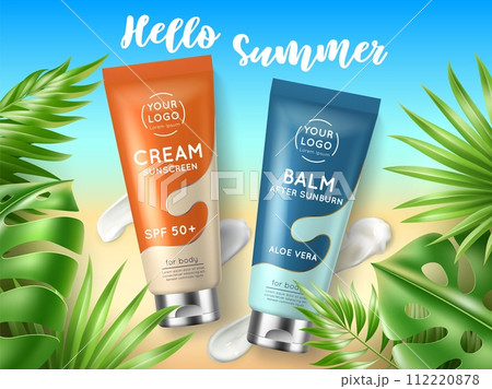 Sunscreen creams. Summer cosmetic advertising banner. Product presentation. Sunblock moisturizer, skincare cream tube for beauty product with tropical leaves. Beach background. Vector concept 112220878