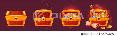 Wooden chest treasure. Open and closed, full and empty wood box with gold coins, gems, game icons, scroll, sword and crown, pirate treasures. Jewelry trunk. Cartoon tidy vector concept Wooden chest treasure. Open and closed, full and empty wood box with gold coins, gems, game icons, scroll, sword and crown, pirate treasures. Jewelry trunk. Cartoon tidy vector concept 112220880