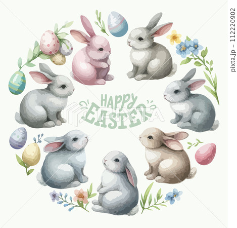 Round watercolor frame with cute Easter rabbit bunny, floral leaves and lettering. 112220902