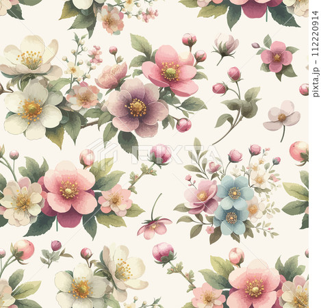 Seamless watercolor floral backdrop decorated with spring wild flowers and leaves. 112220914