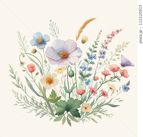 Watercolor floral backdrop decorated with spring wild flowers and leaves. 112220915