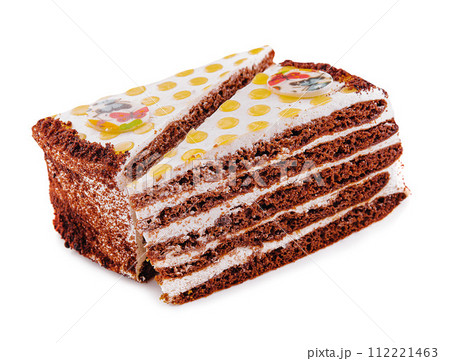 chocolate cake with cream on white 112221463