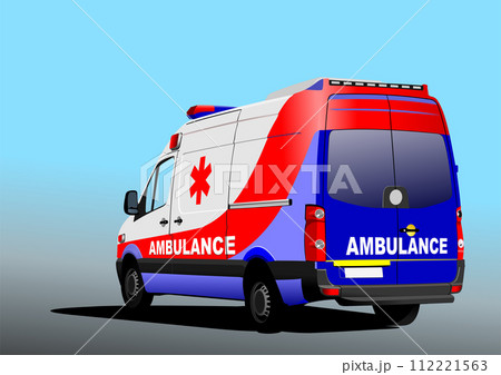 Modern ambulance van on the road. Vector Colored 3d illustration 112221563