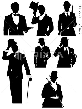 London handsome gentlemen. White-black vector illustration London handsome gentlemen. White-black vector illustration 112221616