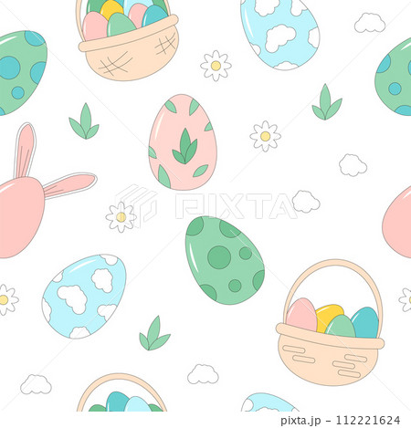 Easter eggs hunt seamless pattern. Painted spring symbols with basket endless background. Vector 112221624