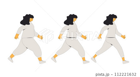 Weight loss woman. Before and after diet and exercises. Female character with different body mass. Weight loss woman. Before and after diet and exercises. Female character with different body mass. 112221632