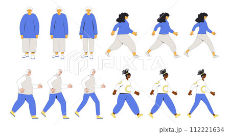 Weight loss women and men sequence. Before and after diet and exercises. Young and elderly characters with different body mass. Weight loss women and men sequence. Before and after diet and exercises. Young and elderly characters with different body mass. 112221634