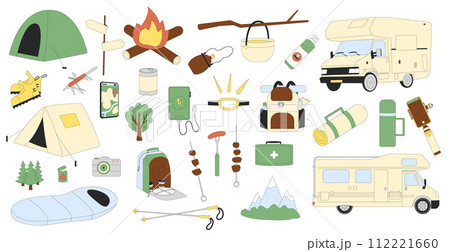 Camping caravan set isolated on white background. Hiking rv van and tents. Spring and summer traveling by car. Picnic cookout tourism in forest. Camp trip by trailer. Vector flat illustration 112221660