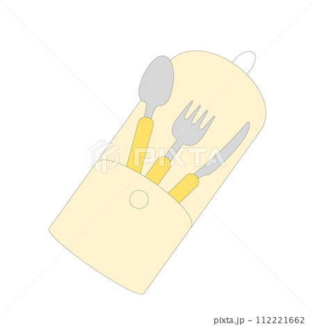 Cutlery hiking kitchen tools isolated on white background. Fork, spoon and knife in package for picnic. Tableware for camping in box. Vector flat illustration Cutlery hiking kitchen tools isolated on white background. Fork, spoon and knife in package for picnic. Tableware for camping in box. Vector flat illustration 112221662